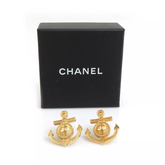 Auth CHANEL CC Logo Anchor Motif Pierce Earrings Gold Metal - e59844i - Picture 8 of 8